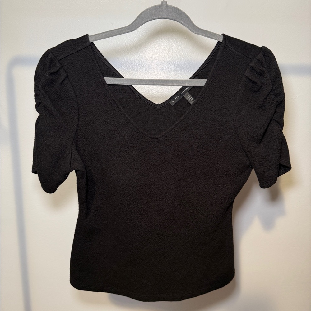 White House Black Market Black Ruched Sleeve Blouse